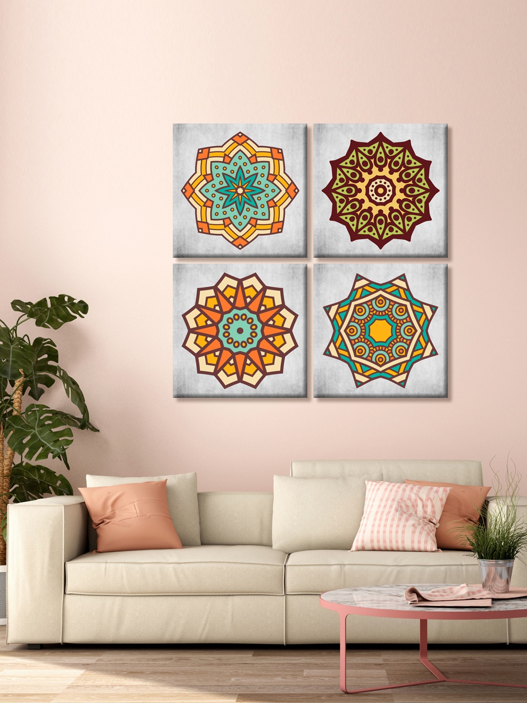 

999Store Set of 4 Grey & Brown Abstract Mandala Printed Canvas Wall Arts
