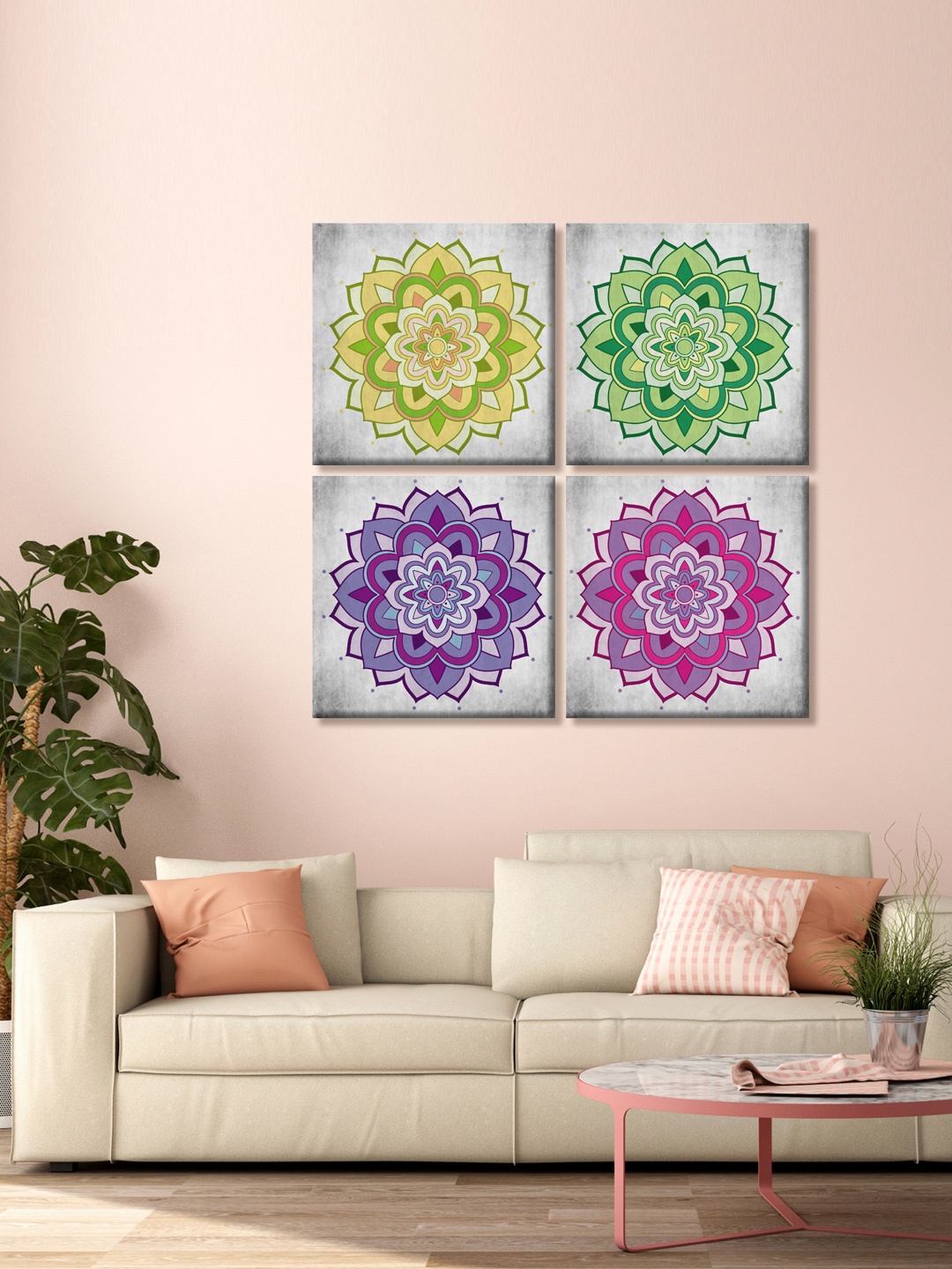 

999Store Set of 4 Violet & Yellow Flower Mandala Printed Canvas Wall Arts