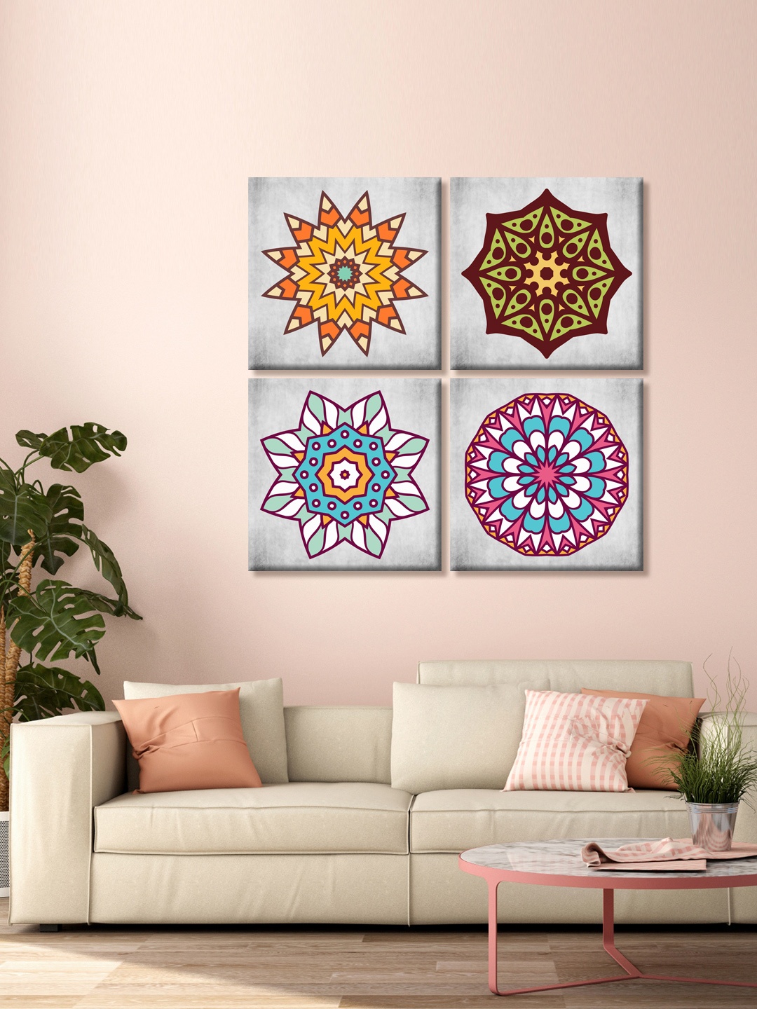 

999Store Set Of 4 Grey & Pink Indian Design Printed Canvas Mandala Wall Arts