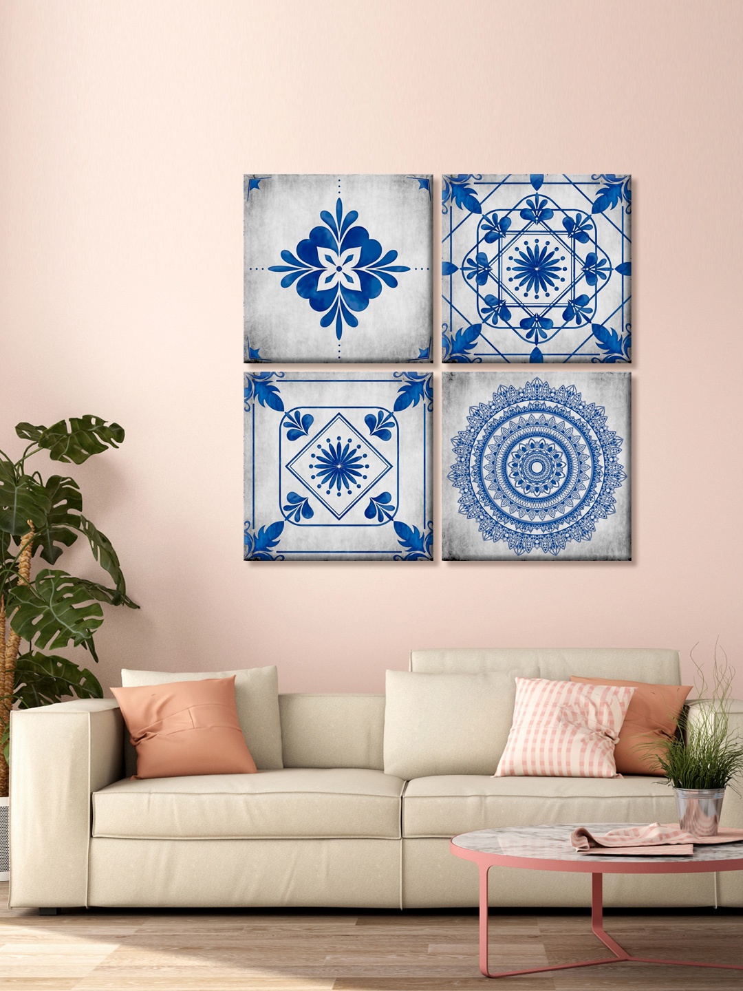 999Store Set of 4 Grey & Blue Floral Mandala Printed Canvas Wall Art