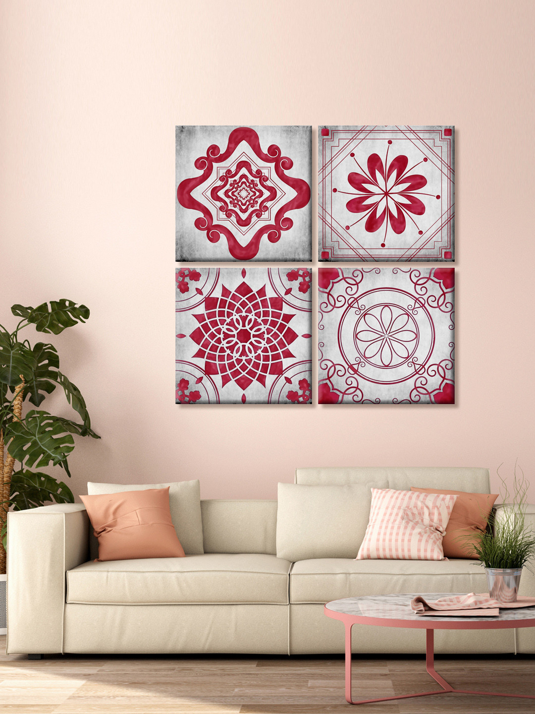

999Store Set Of 4 Grey & Pink Floral Printed Canvas Mandala Wall Arts
