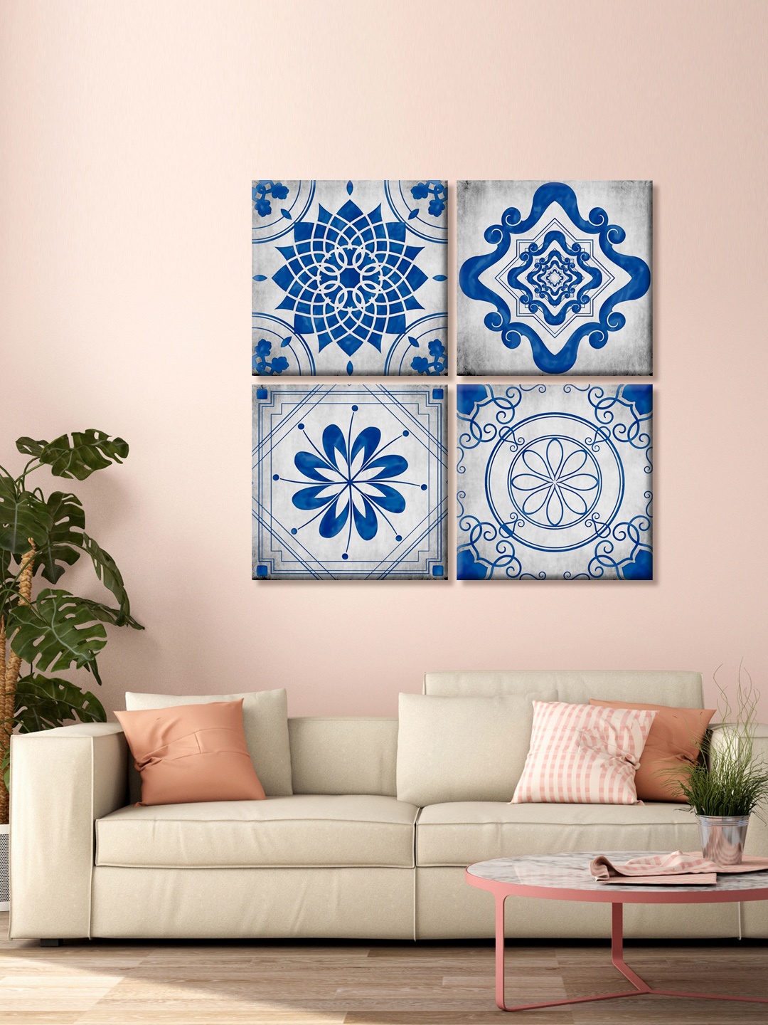 

999Store Set Of 4 Grey Floral Pattern Printed Canvas Mandala Wall Art