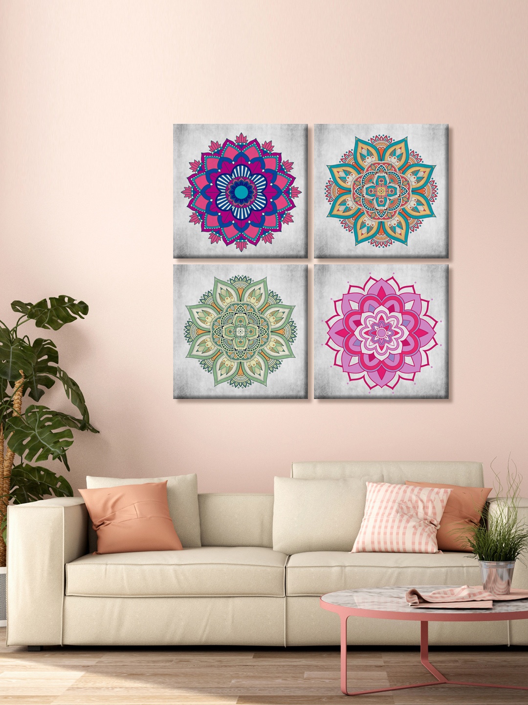 

999Store Set Of 4 Grey Indian Design Printed Canvas Mandala Wall Art