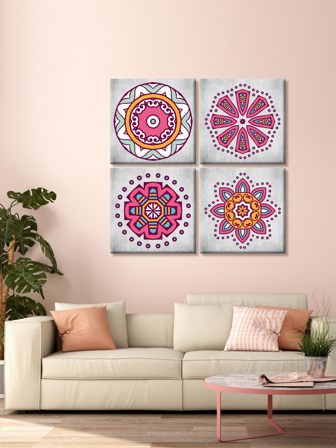

999Store Set Of 4 Grey Abstract Printed Canvas Mandala Wall Art