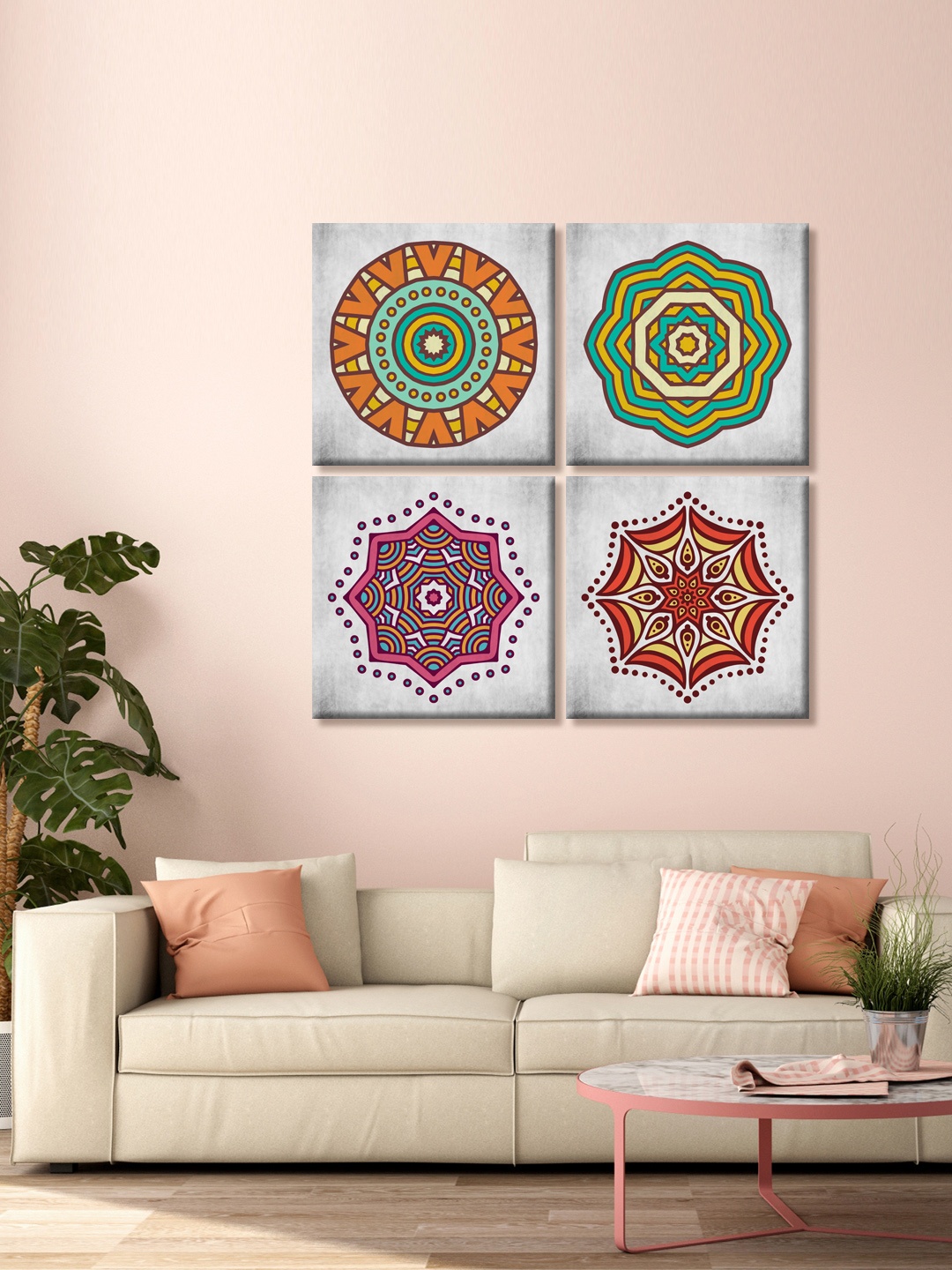 

999Store Set Of 4 Grey Abstract Printed Canvas Mandala Wall Art