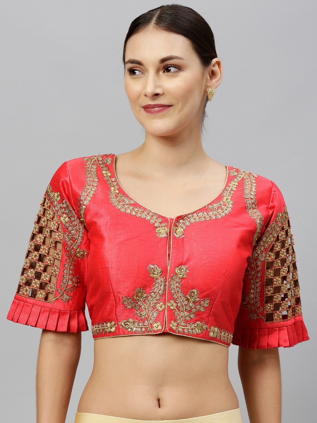 

Amrutam Fab Women Coral Pink Embroidered Saree Blouse