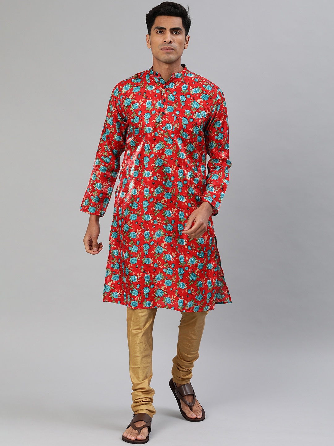 

Svanik Men Red & Blue Floral Printed Straight Kurta