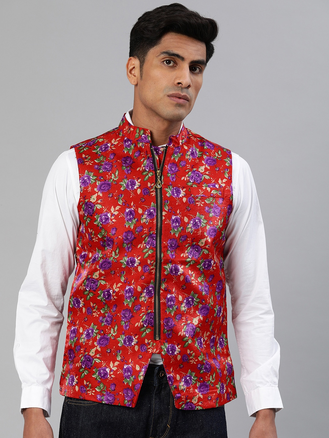 

Svanik Men Red & Purple Floral Printed Slim Fit Nehru Jacket