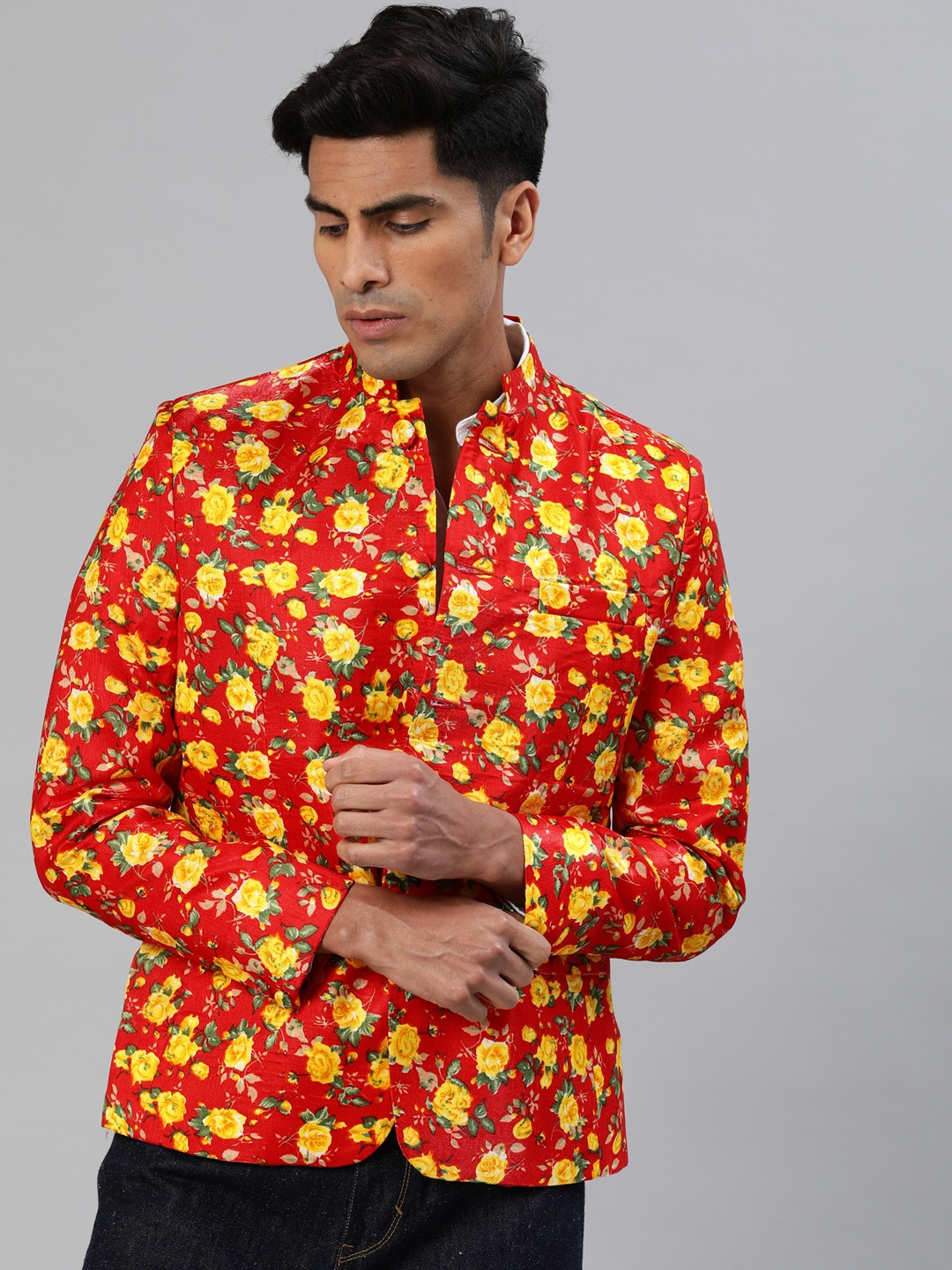 

Svanik Men Red & Yellow Floral Printed Slim Fit Single-Breasted Bandhgala Blazer