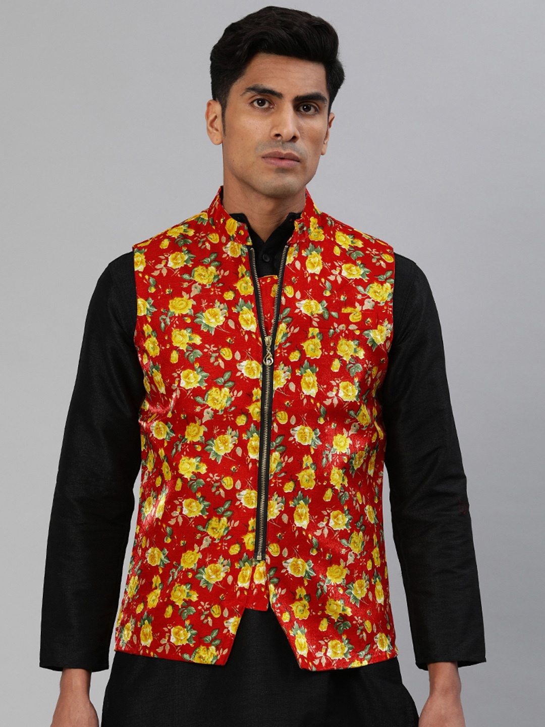 

Svanik Men Red & Yellow Floral Printed Slim Fit Nehru Jacket
