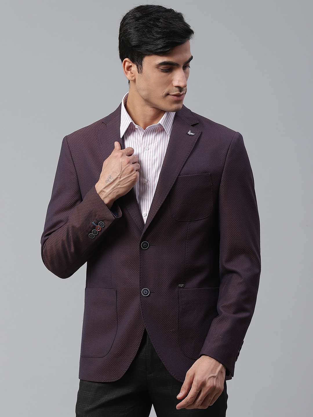 

Blackberrys Men Navy Blue & Brown Self-Design Slim Fit Single-Breasted Casual Blazer