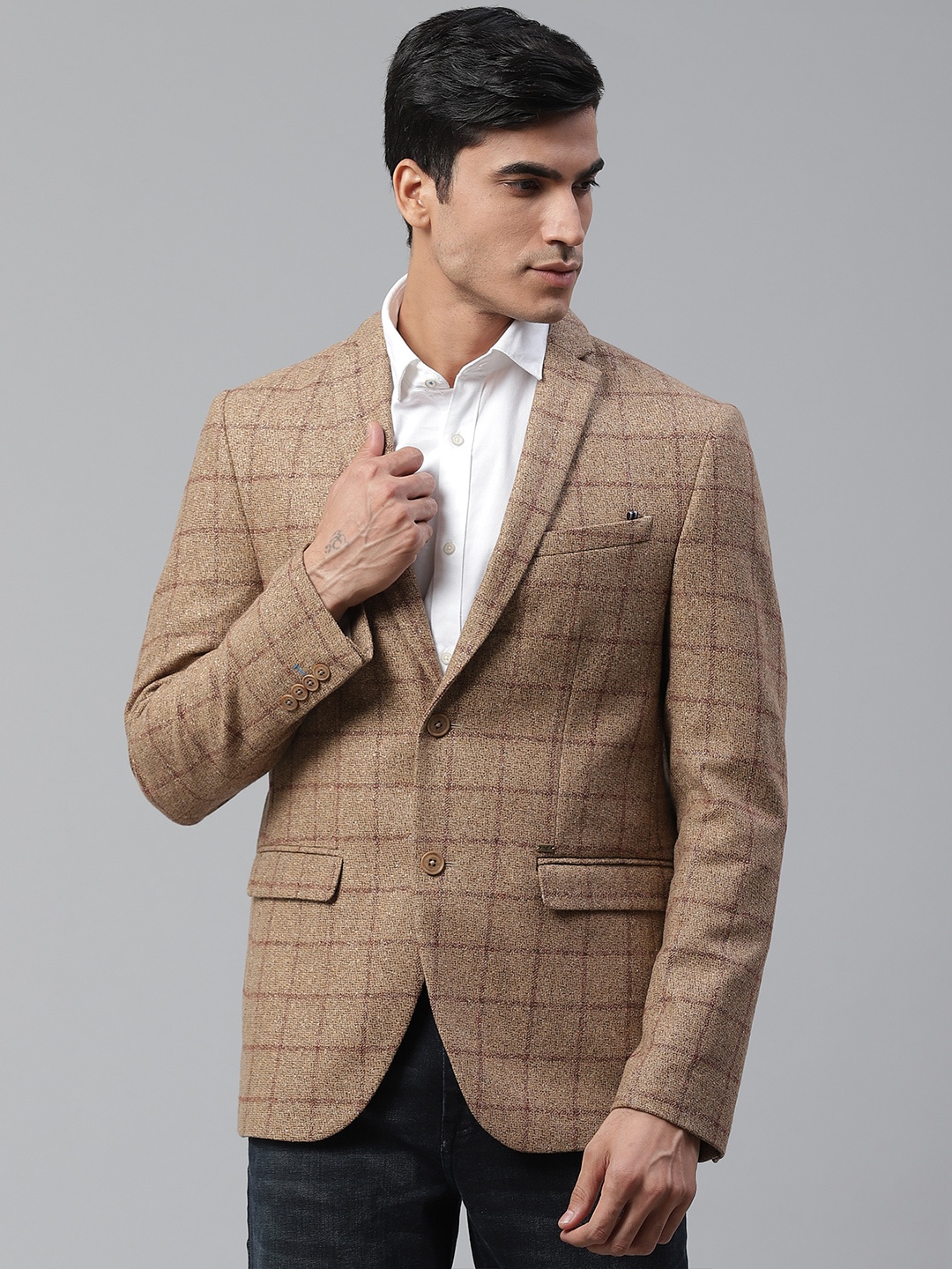 

Blackberrys Men Beige Slim Fit Checked Single-Breasted Casual Blazer
