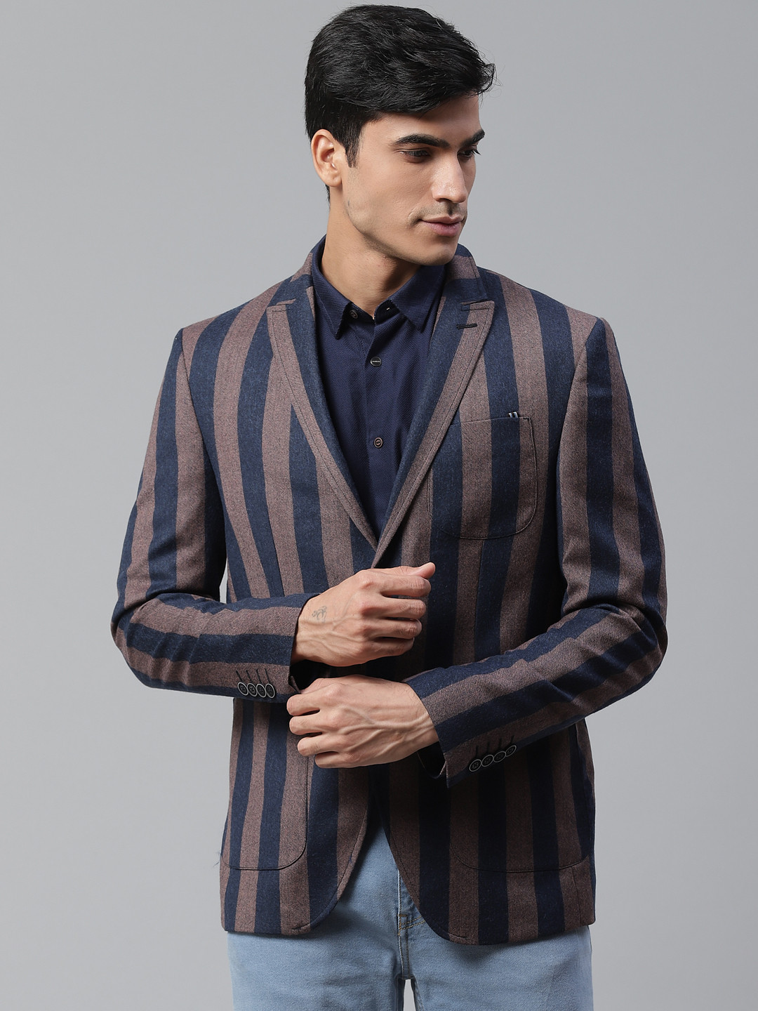 

Blackberrys Men Navy & Mauve Striped Slim Fit Single-Breasted Casual Blazer, Navy blue