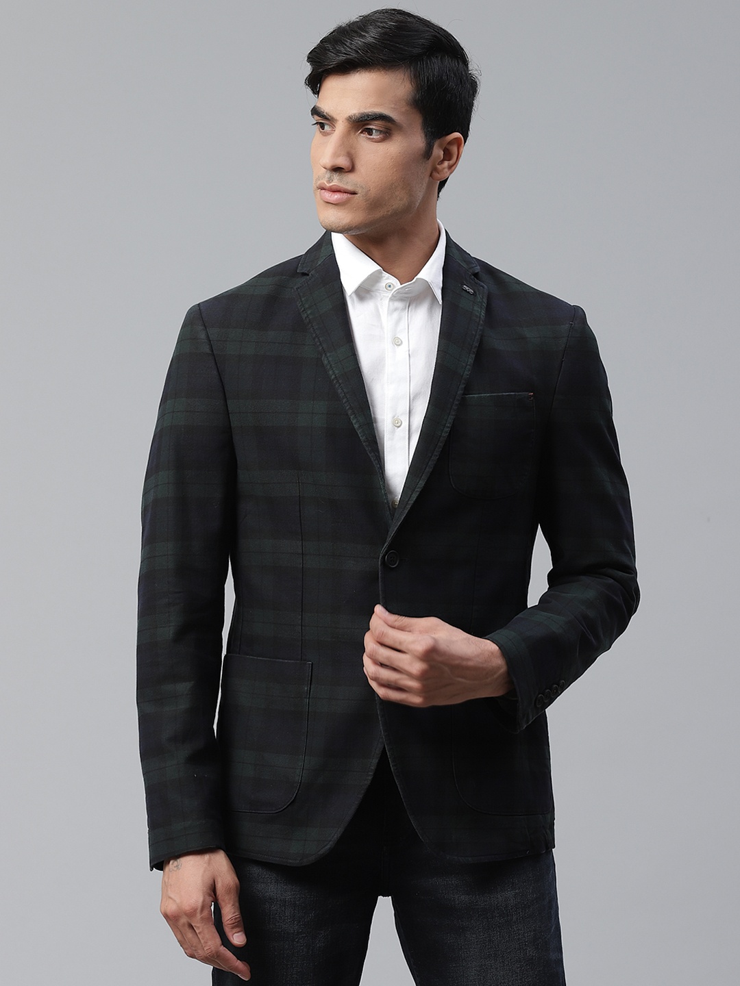 

Blackberrys Men Black & Green Slim Fit Checked Single-Breasted Casual Blazer