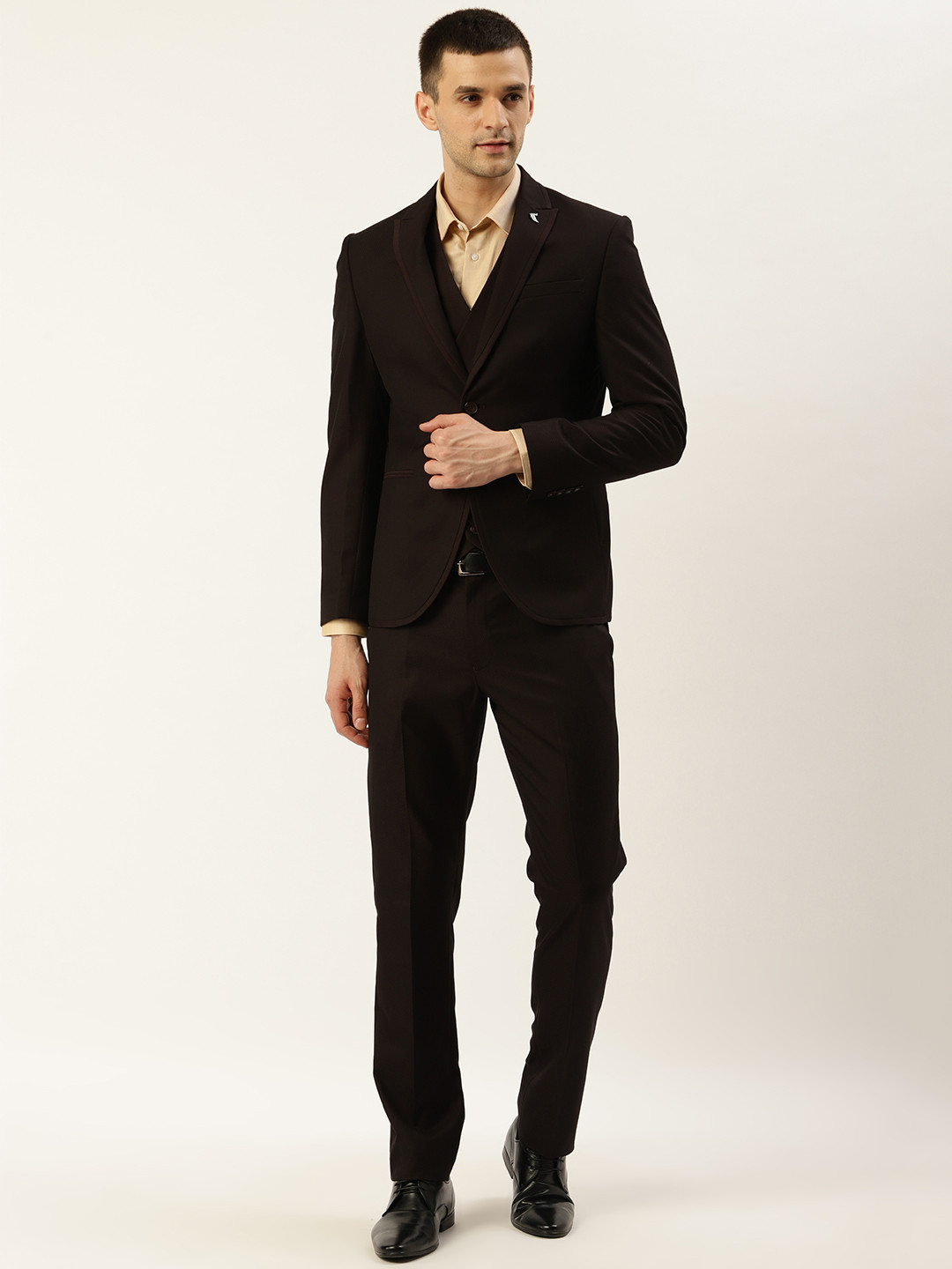 

Blackberrys Men Black & Burgundy Self-Design Slim Fit Single-Breasted Formal Suit