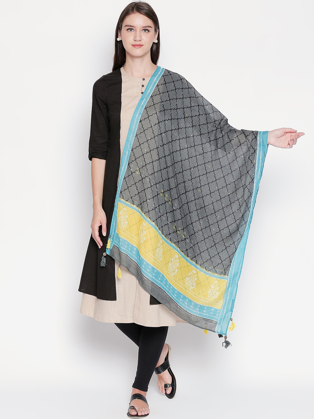 

RANGMANCH BY PANTALOONS Charcoal Grey & Blue Printed Pure Cotton Dupatta