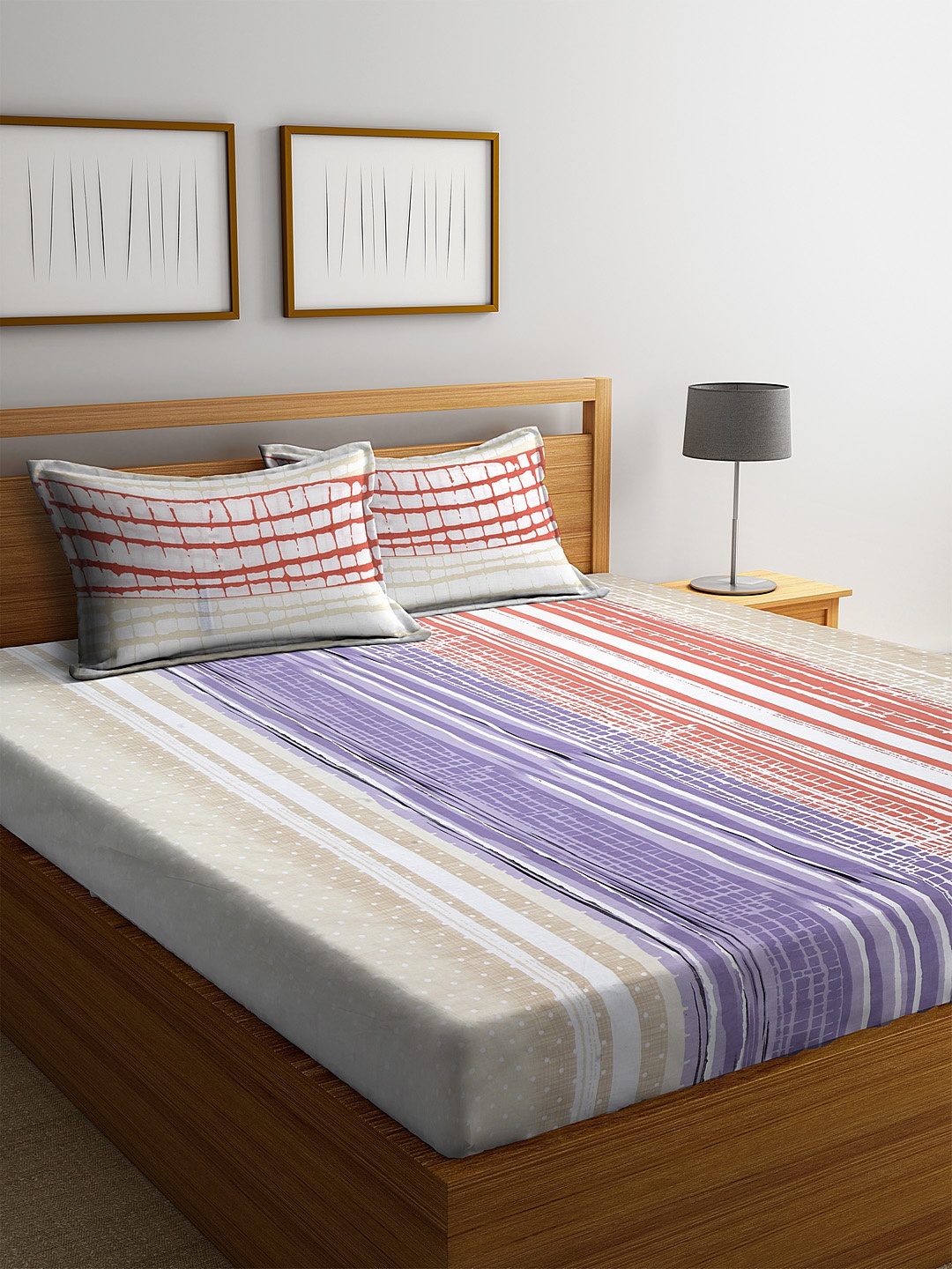 

BOMBAY DYEING Off-White Striped 144 TC Cotton 1 Queen Bedsheet with 2 Pillow Covers