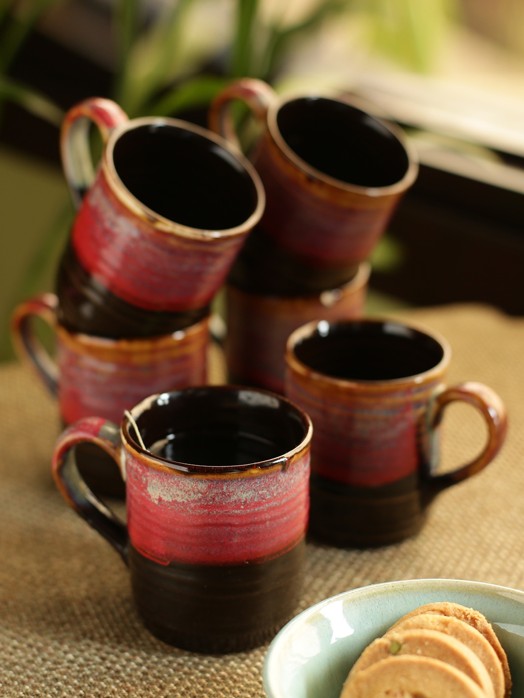 

ExclusiveLane Maroon Set Of 6 Crimson Nightfalls Studio Pottery Glazed Tea & Coffee Cups, Brown