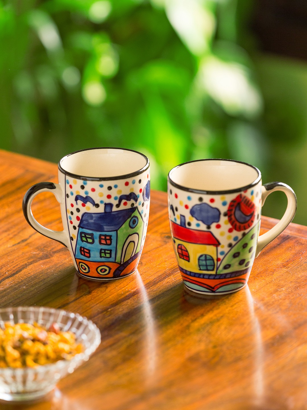 

ExclusiveLane Set Of 2 The Hut Jumbo Cuppas Hand-Painted Ceramic Mugs, Off white