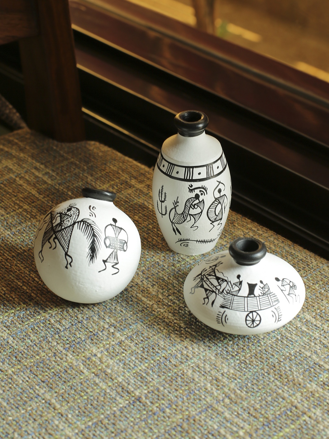 

ExclusiveLane Set Of 3 Terracotta Warli Hand-Painted Miniature White Pots Showpieces