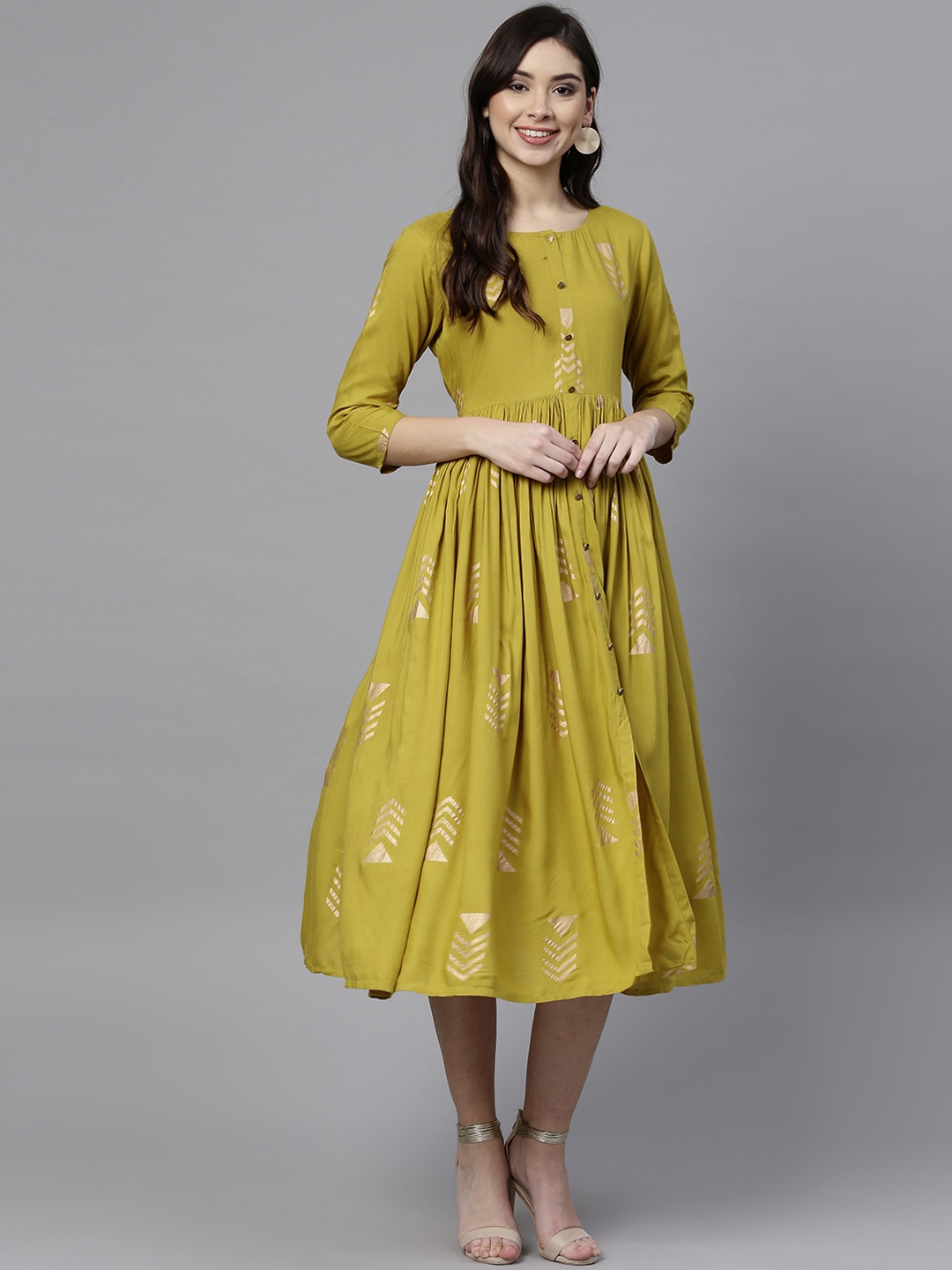 

Varanga Women Olive Green Printed Fit and Flare Dress