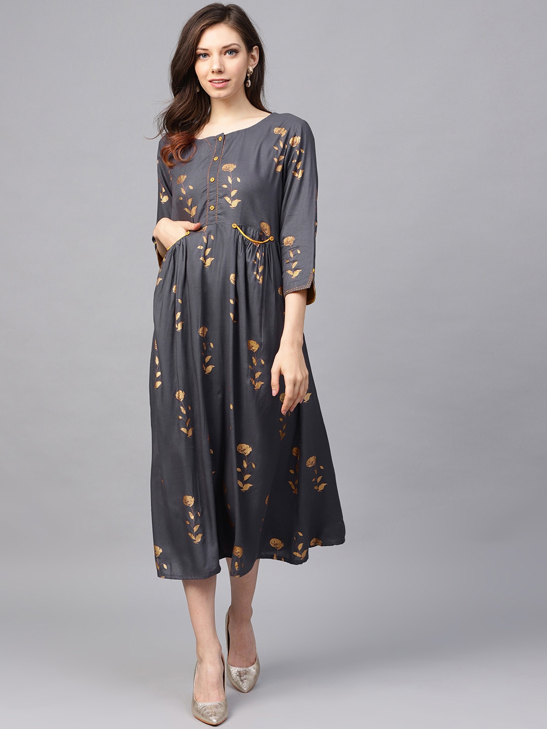 

Varanga Women Charcoal Grey Printed Fit and Flare Dress
