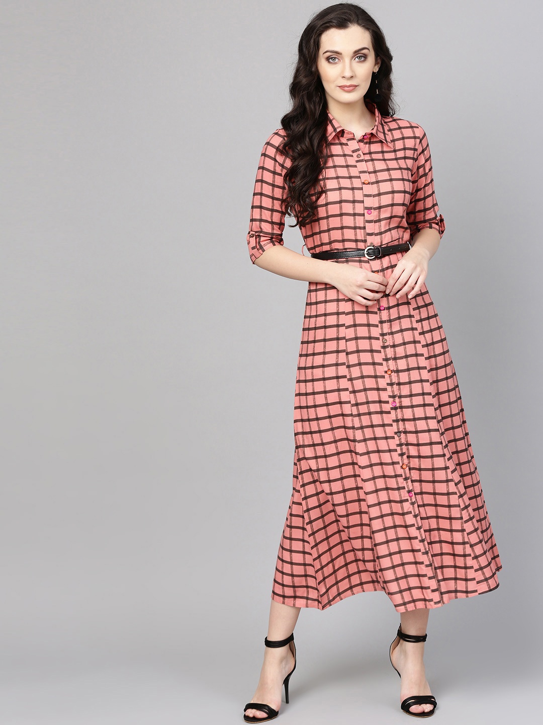 

Varanga Women Pink & Black Checked Empire Dress