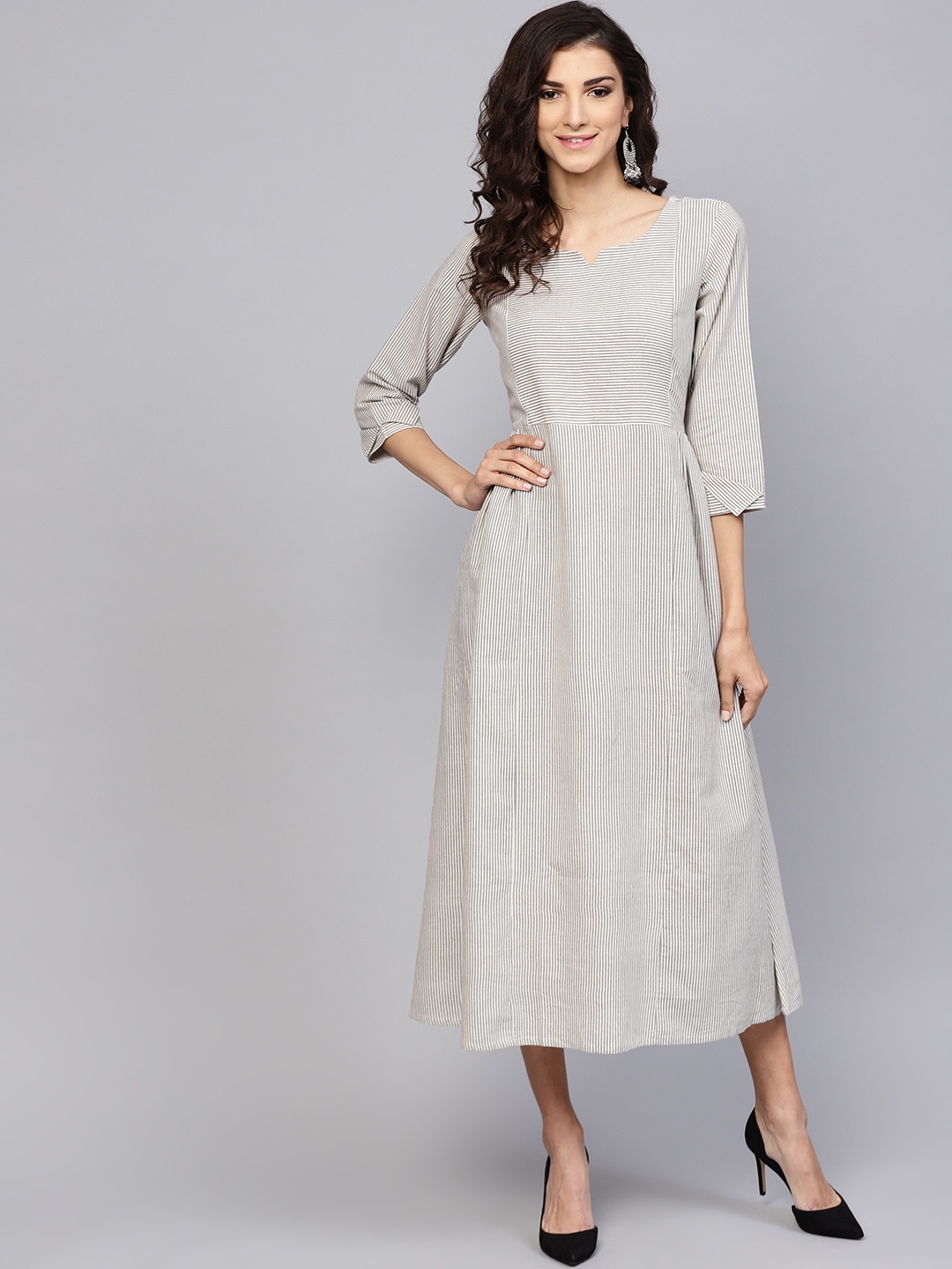 

Varanga Women Grey Striped Fit and Flare Dress