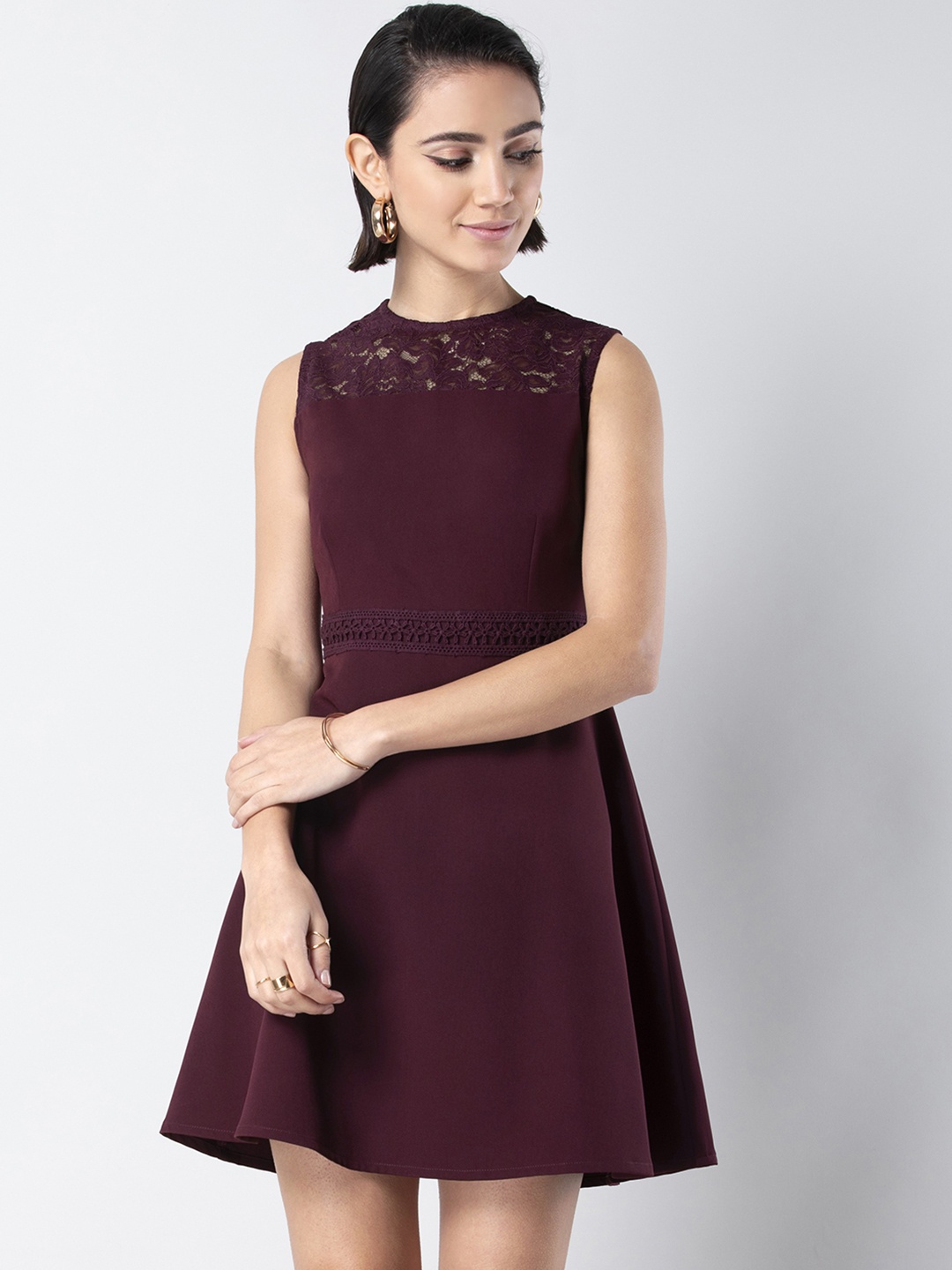 

FabAlley Women Burgundy Solid Fit and Flare Dress with Lace Inserts