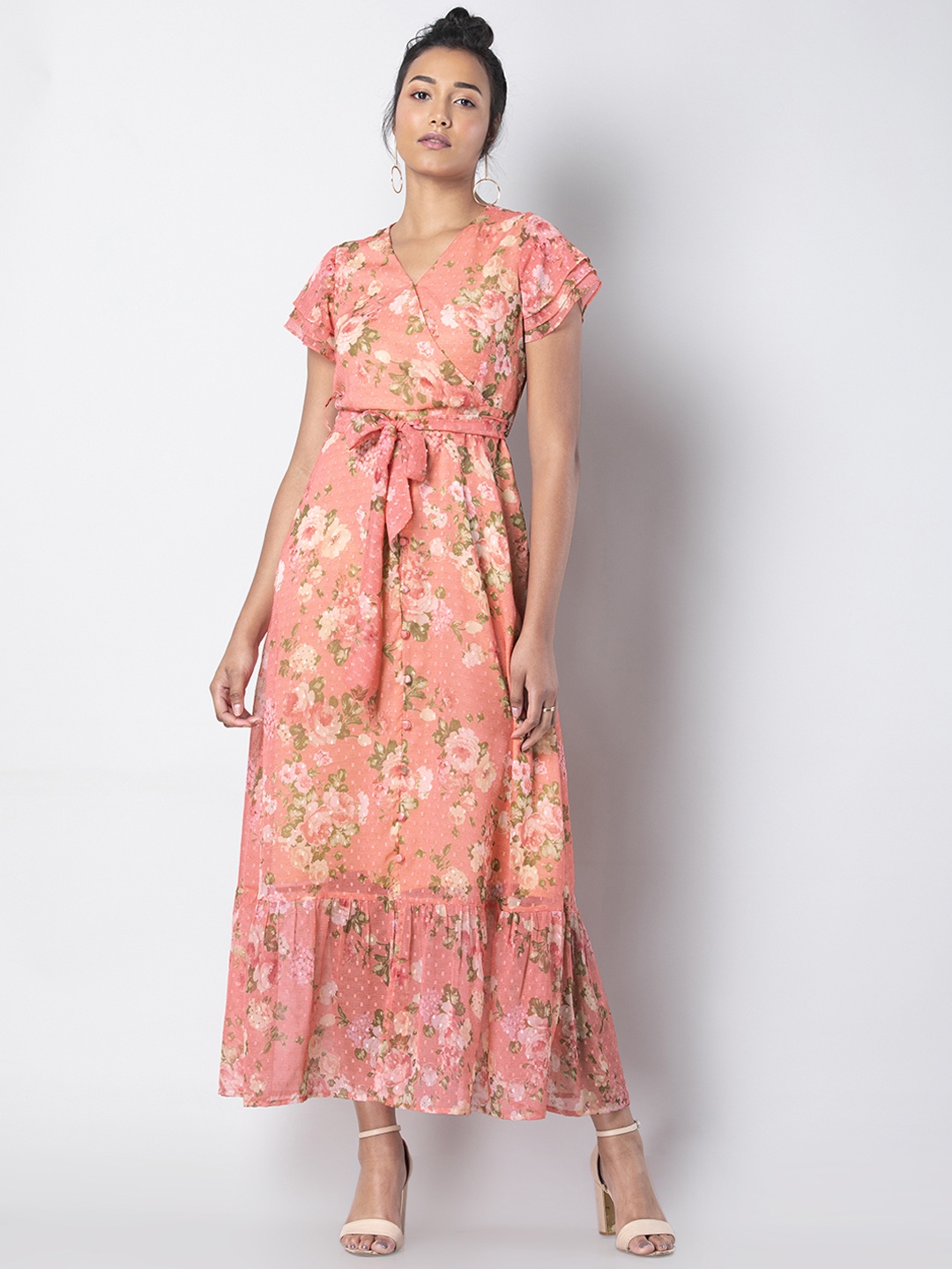 

FabAlley Women Peach-Coloured Printed Maxi Dress