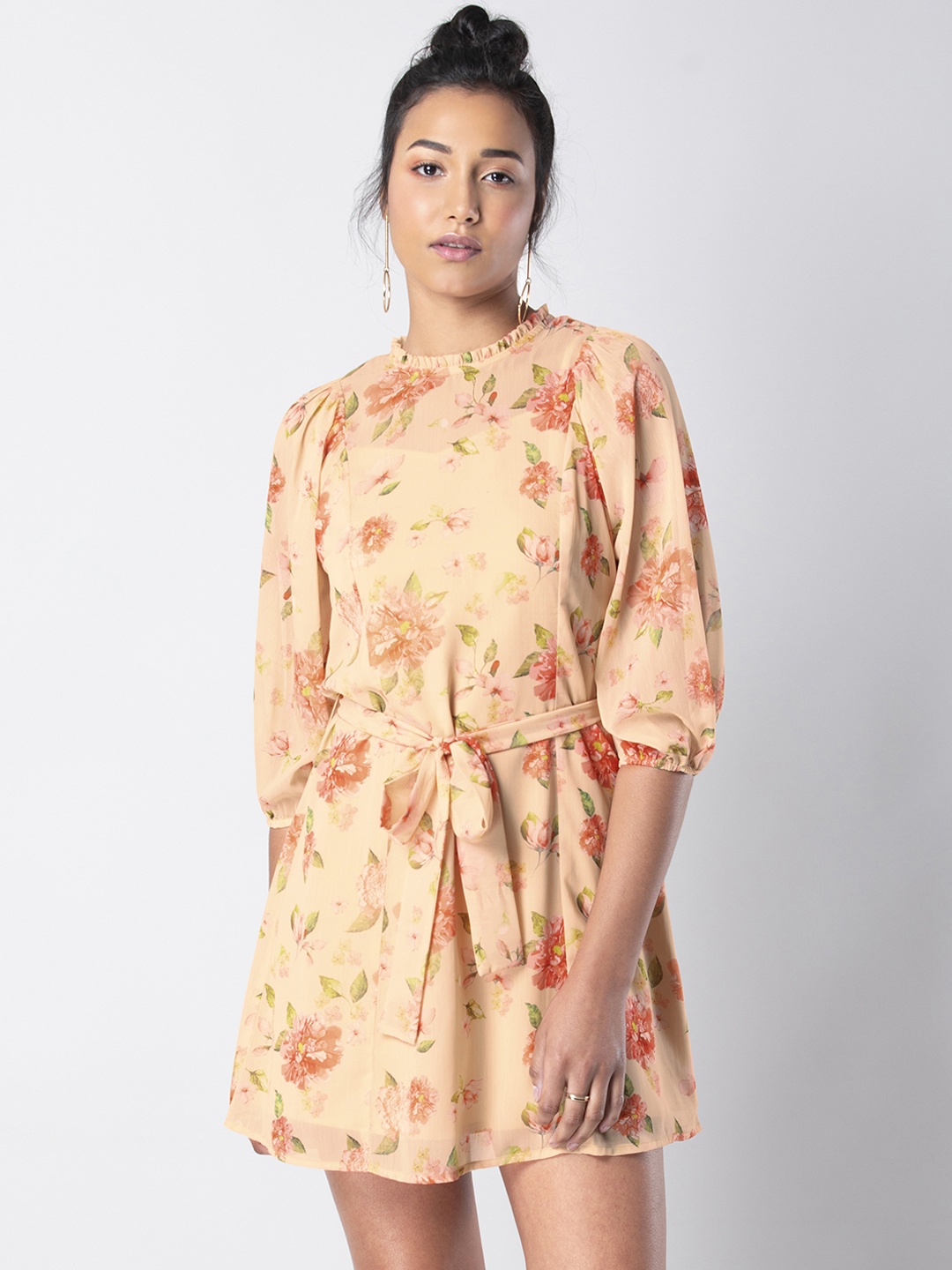 

FabAlley Women Peach-Coloured Floral Printed A-Line Dress