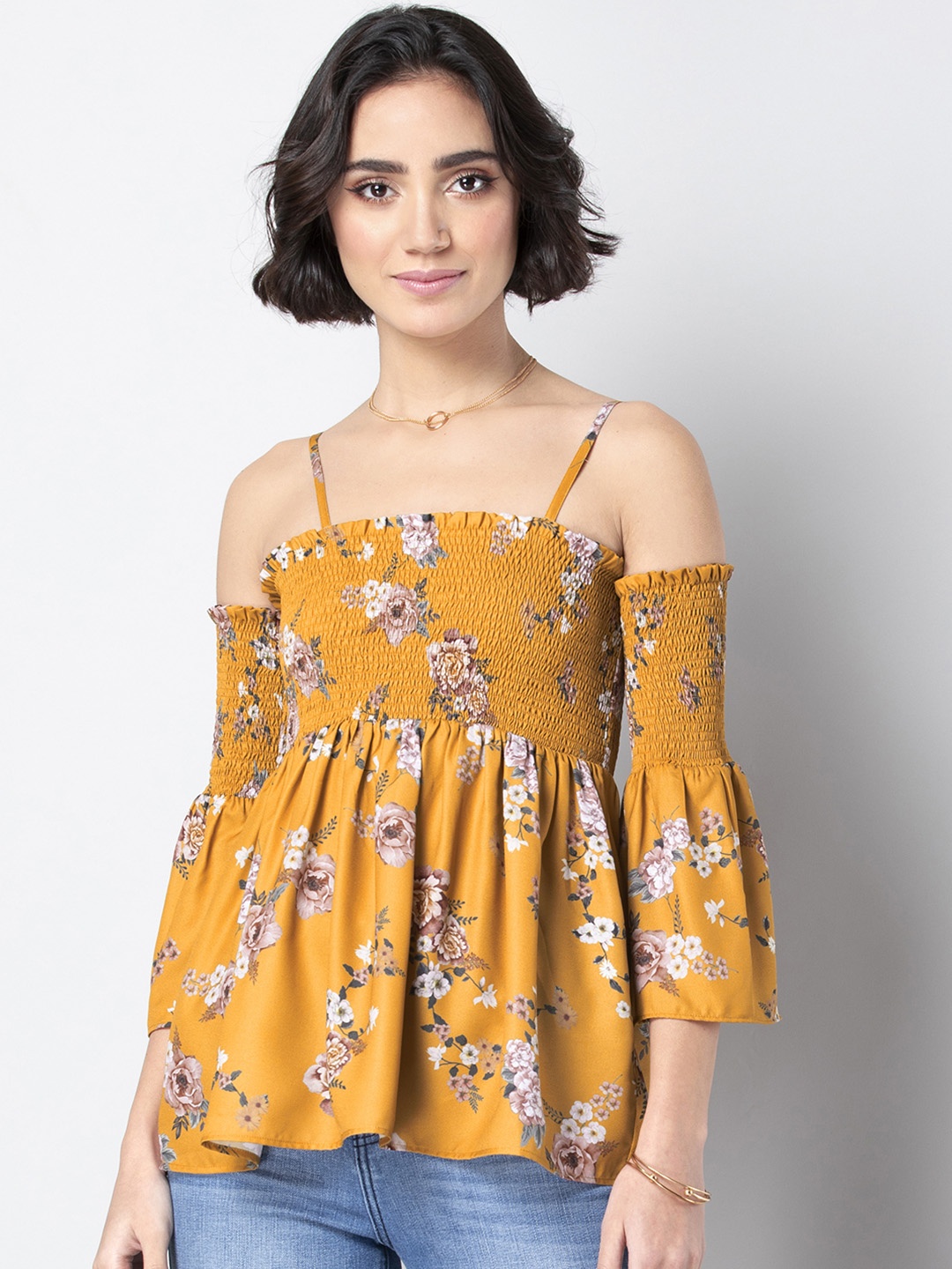 

FabAlley Women Yellow Floral Print Bardot Top