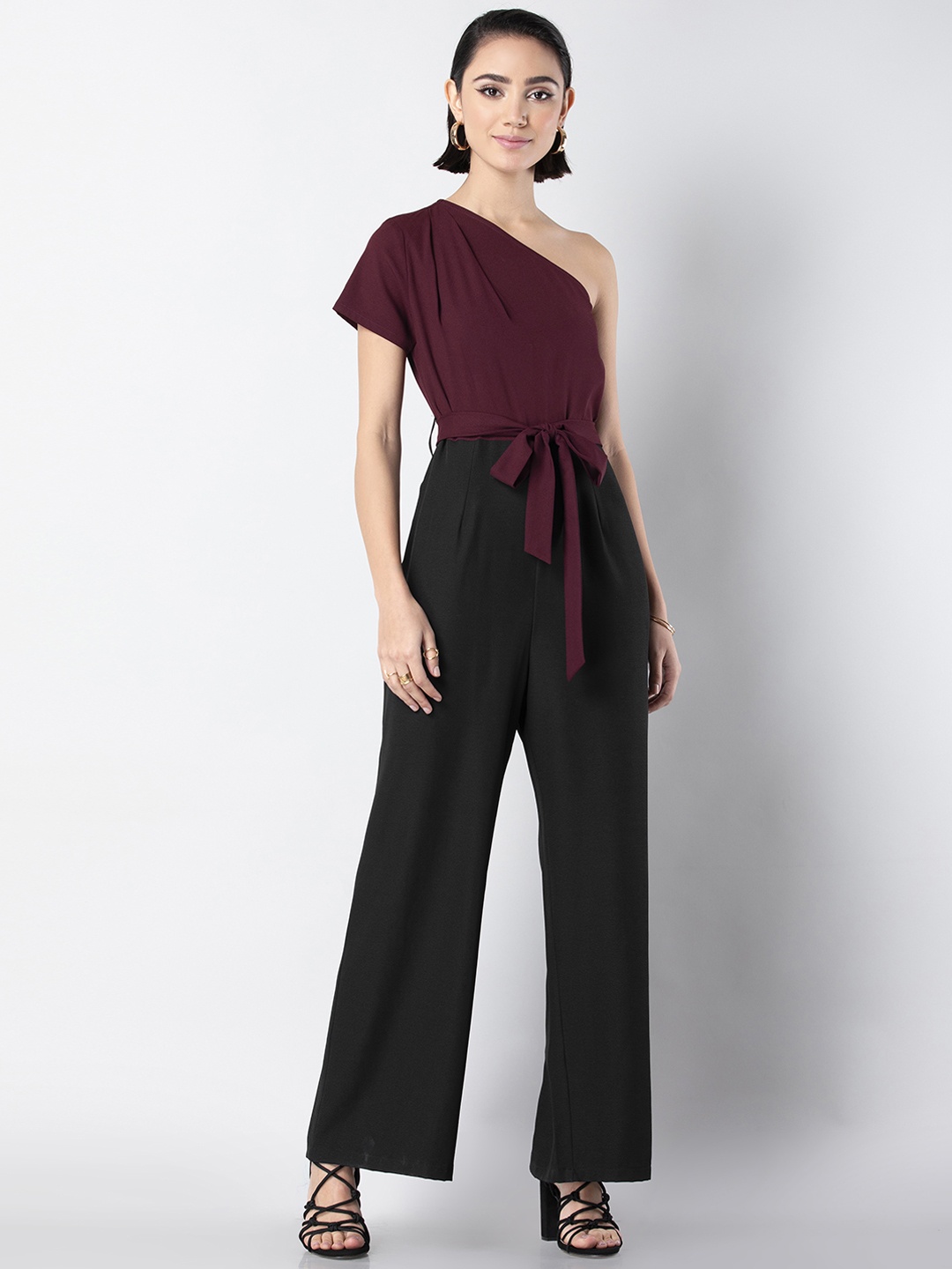 

FabAlley Women Black and Burgundy Colourblocked One Shoulder Basic Jumpsuit