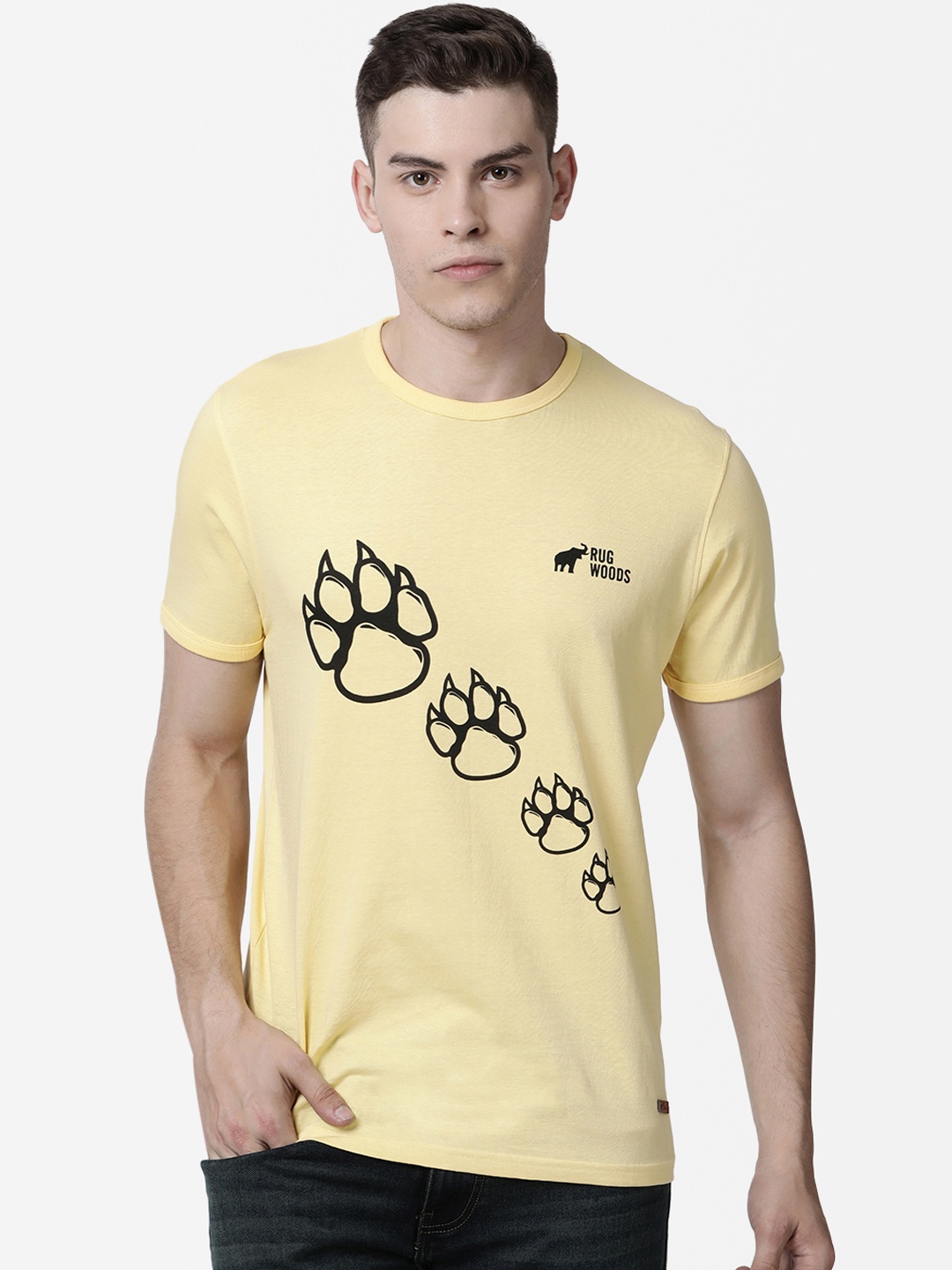 

RUG WOODS Men Yellow Printed Slim Fit Round Neck Pure Cotton T-shirt