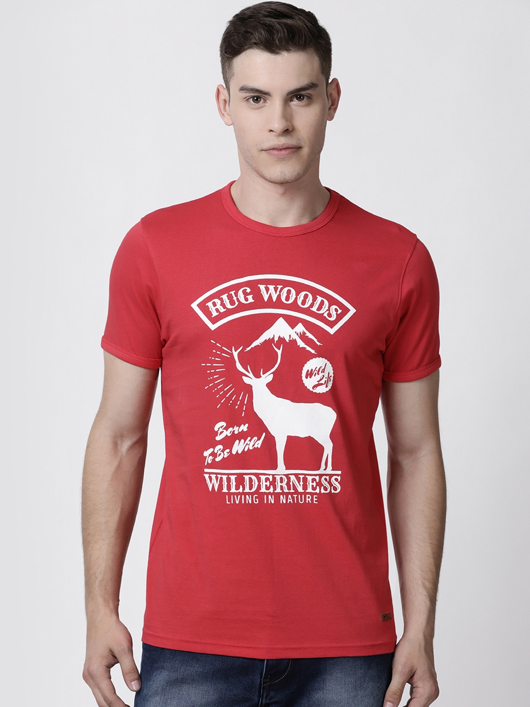 

RUG WOODS Men Red Printed Round Neck Pure Cotton T-shirt