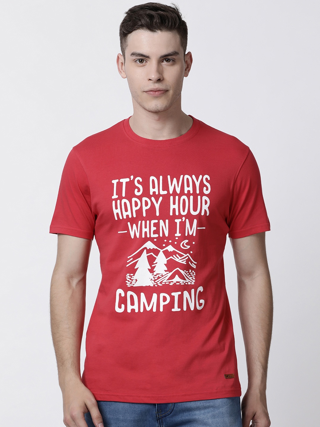 

RUG WOODS Men Red Printed Round Neck Pure Cotton T-shirt