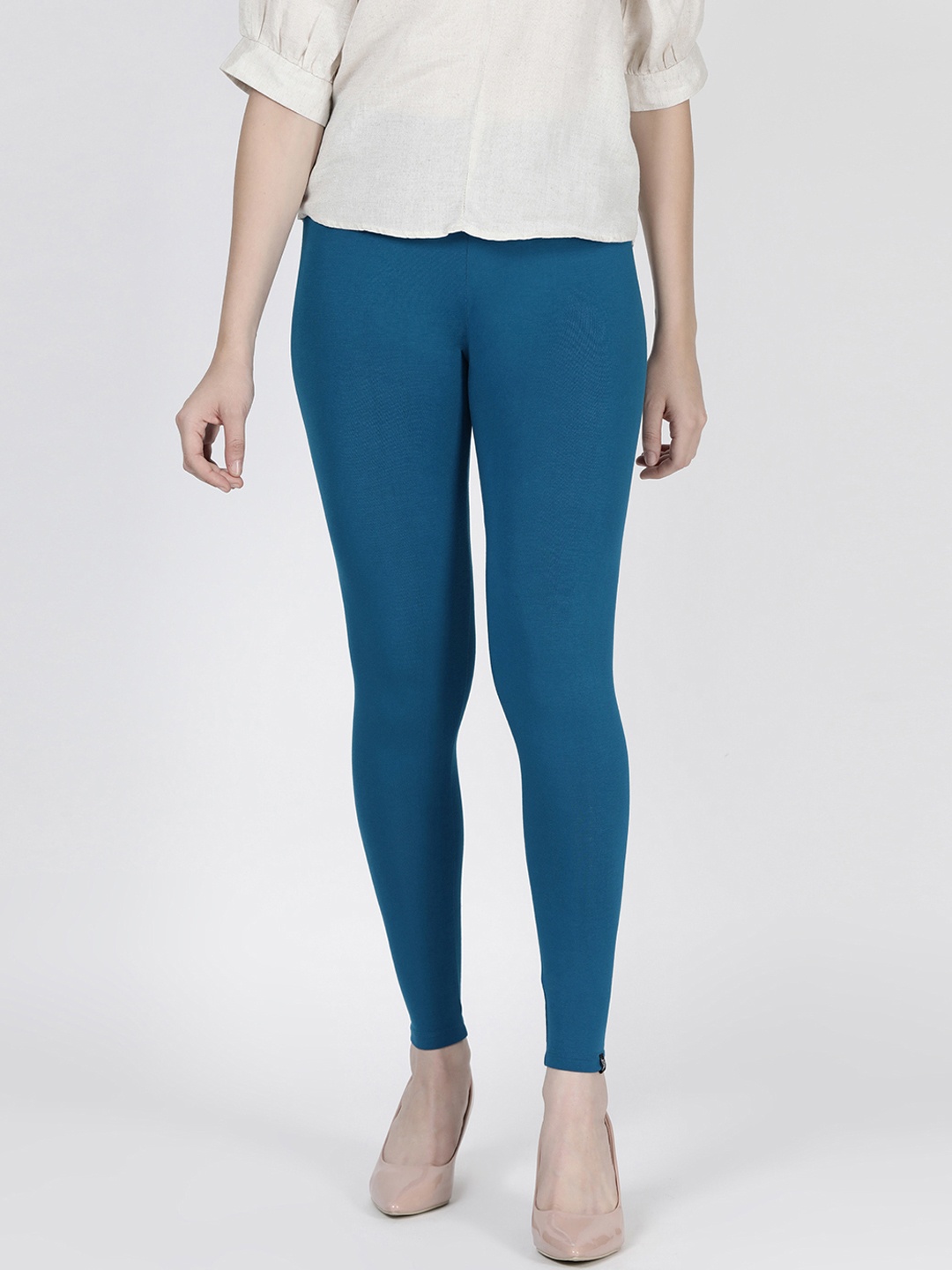 

TWIN BIRDS Women Teal Blue Solid Sea Port Ankle-Length Leggings