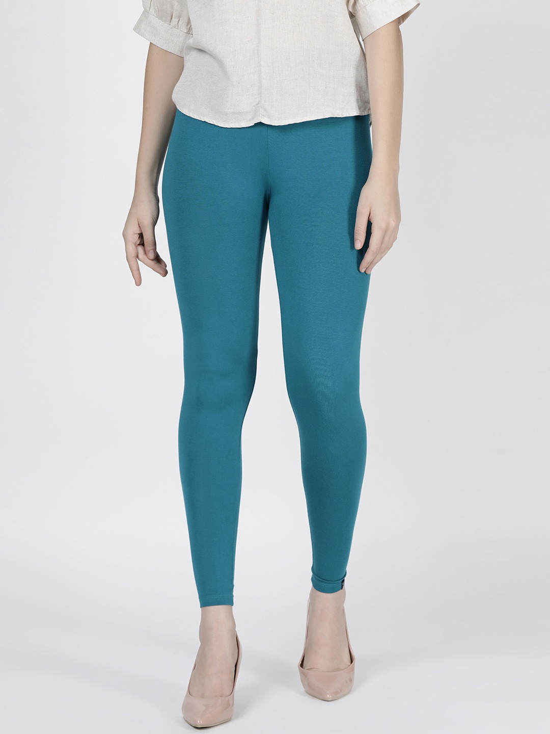 

TWIN BIRDS Women Teal Blue Solid Pagoda Ankle-Length Leggings
