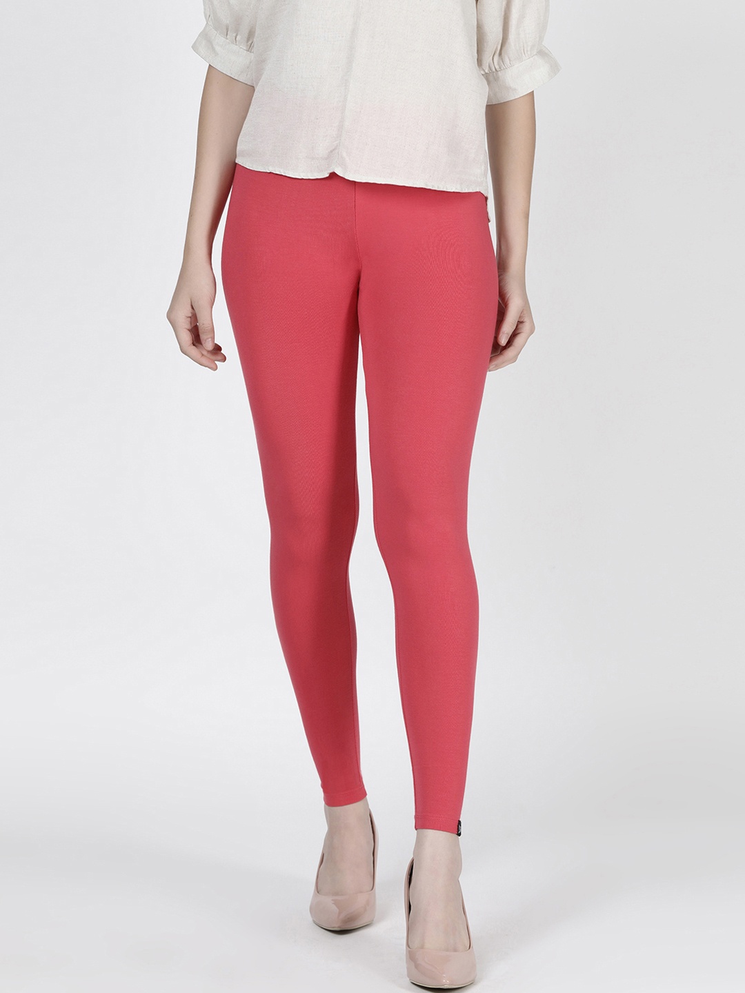 

TWIN BIRDS Women Coral Red Solid Ankle-Length Leggings