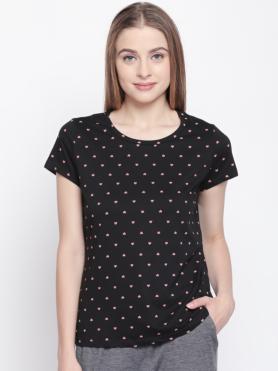 

Dreamz by Pantaloons Women Black Printed Pure Cotton Lounge tshirt