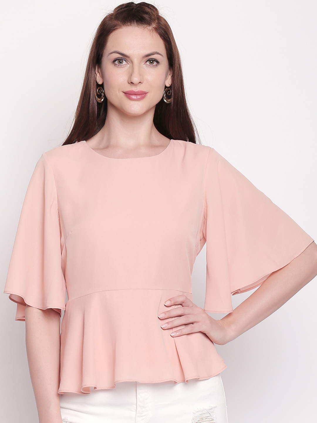 

Forever Glam by Pantaloons Women Peach-Coloured Solid Peplum Top with Tie-Up Detail