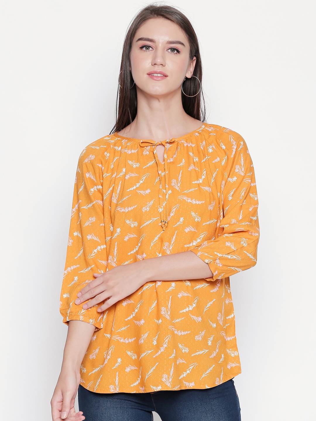 

Honey by Pantaloons Women Mustard Yellow Floral Print Top