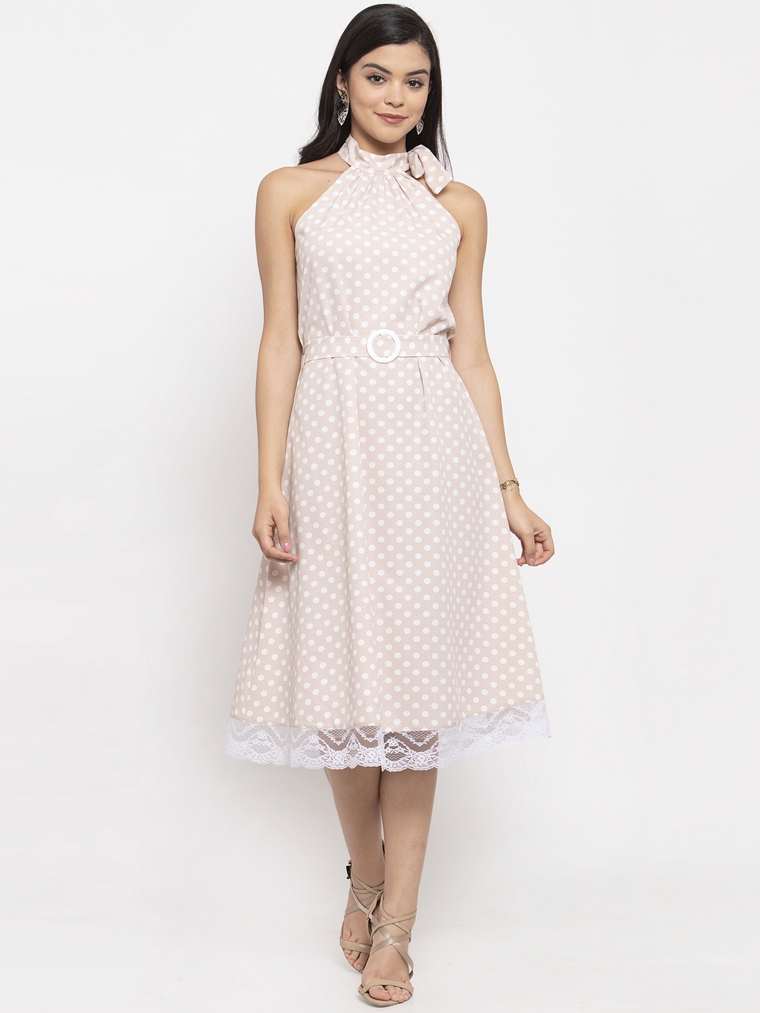 

KASSUALLY Women Peach Polka Dots Print Fit and Flare Halter Neck Dress