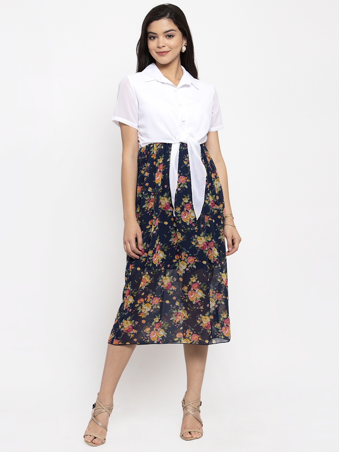 

KASSUALLY Women Navy Blue Printed Shirt Dress With Waist Tie-up Detail