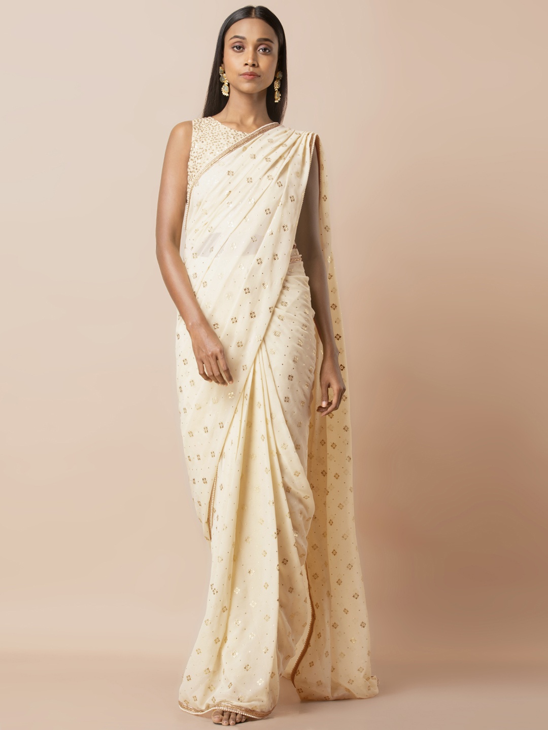 

INDYA Women Beige Foil Printed Skirt Sari