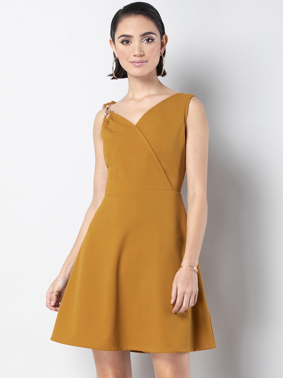 

FabAlley Women Yellow Solid Wrap Dress wih Clasp Shoulder Detailing