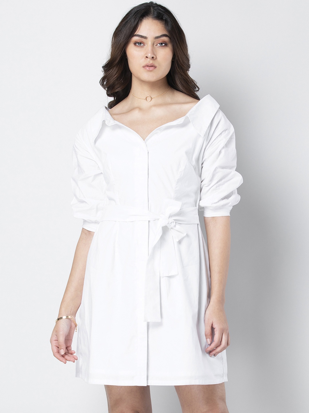 

FabAlley Women White Solid Shirt Dress with Waist Tie-Up Detail
