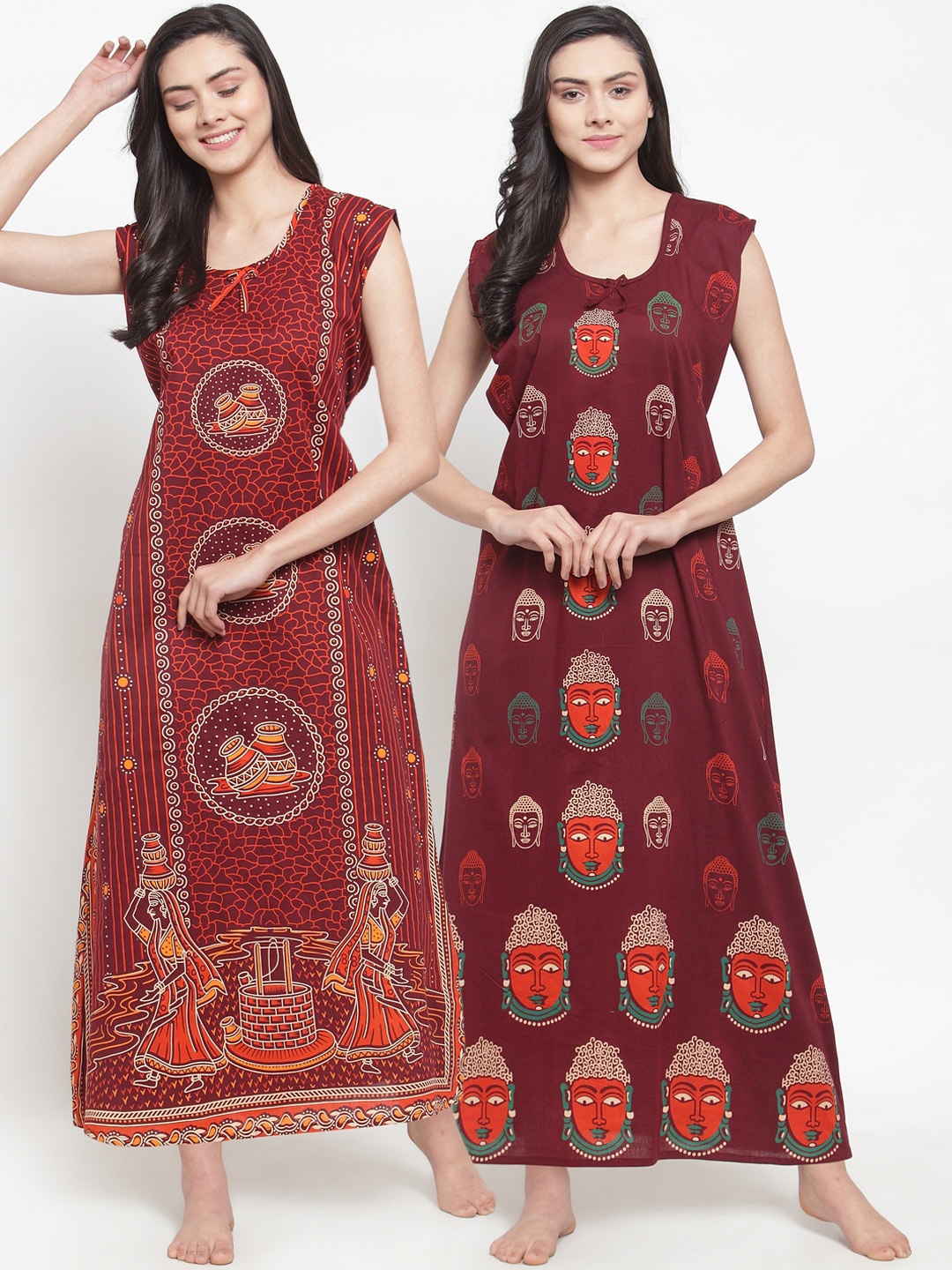 Secret Wish Women Pack of 2 Printed Nightdresses, Maroon