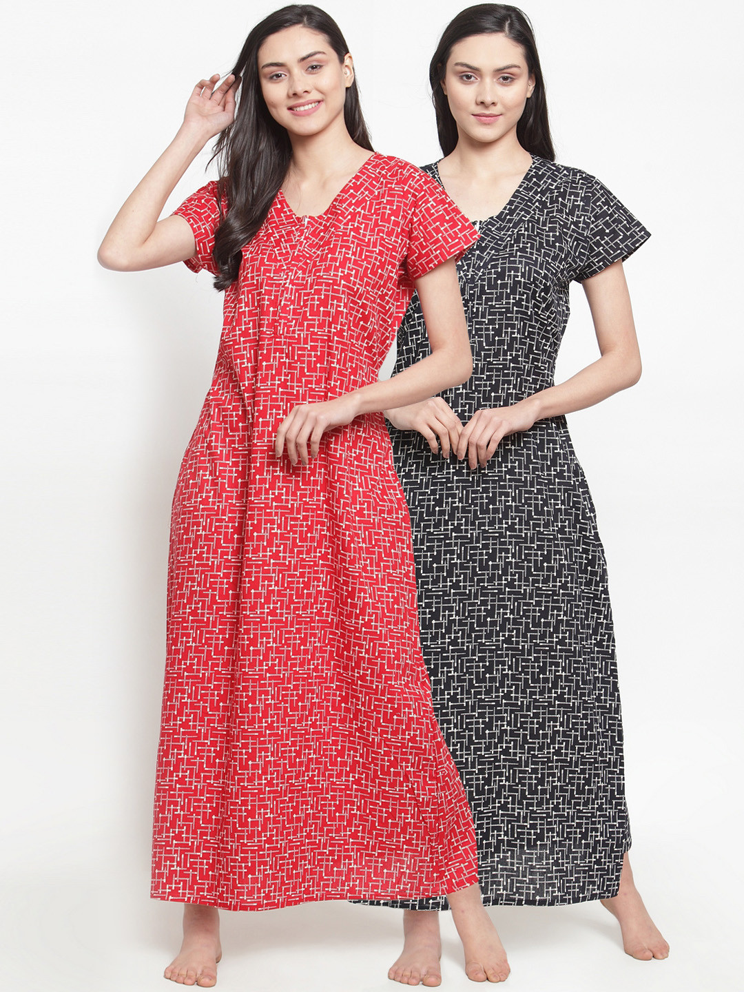 

Secret Wish Pack Of 2 Red & Black Printed Nightdress