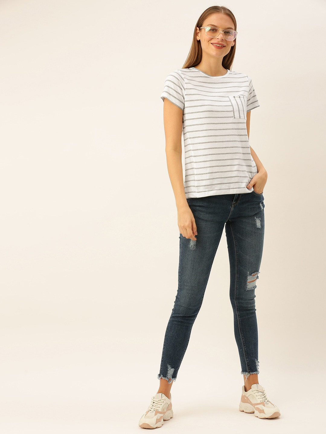 

DressBerry Women White & Grey Striped Round Neck T-shirt